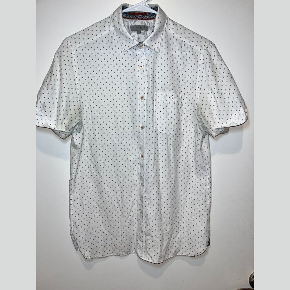 Ted Baker White Print Short Sleeve Casual Button-Down Shirt Men’s Size 3 / Small